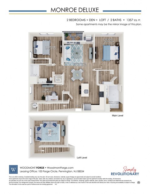 Floor plan for 2 beds, 2 baths, 1357 sqft